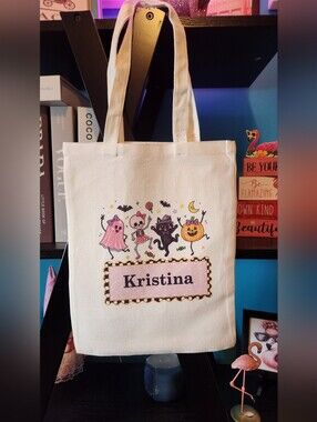 Personalized Kids Halloween Trick Or Treat Tote Bag - Pink and Black